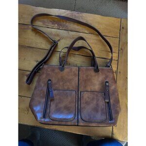 Brown Faux Leather Tote Bag With Dual Handles & Adjustable Strap